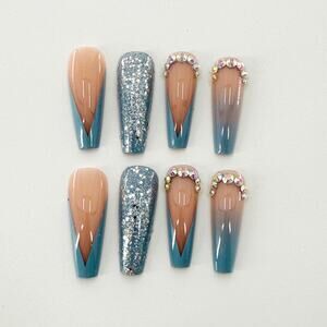 3D Blue Press On Nails, Glitter & Rhinestone Nail Art, Trendy Y2K Press Ons